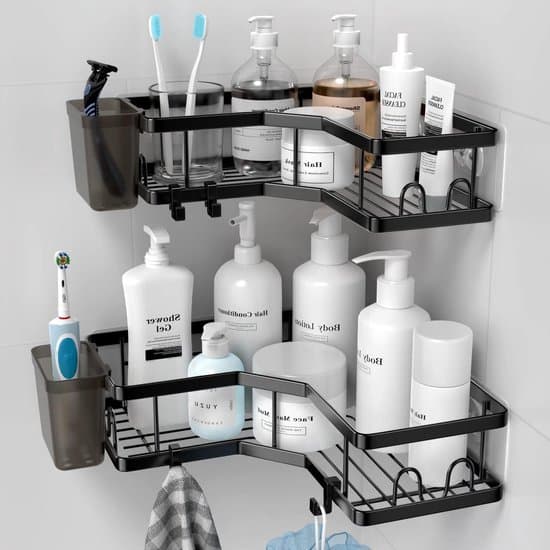 Self-adhesive shower shelf corner shelf for bathroom organization - stainless steel - 2 pieces - black - 4 hooks - toothpaste holder