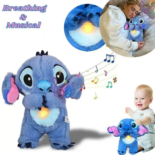 Lugnande Stitch-plyschleksaker med andningsrörelser, ångestdämpande Stitch, rytmisk andning för barn och vuxna vid sömn, blå