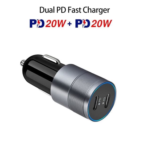 Biloplader - Dobbelt PD 40W - 2 x USB-C - 1m USB-C kabel - 12–24V (iPhone/iPad/Samsung)