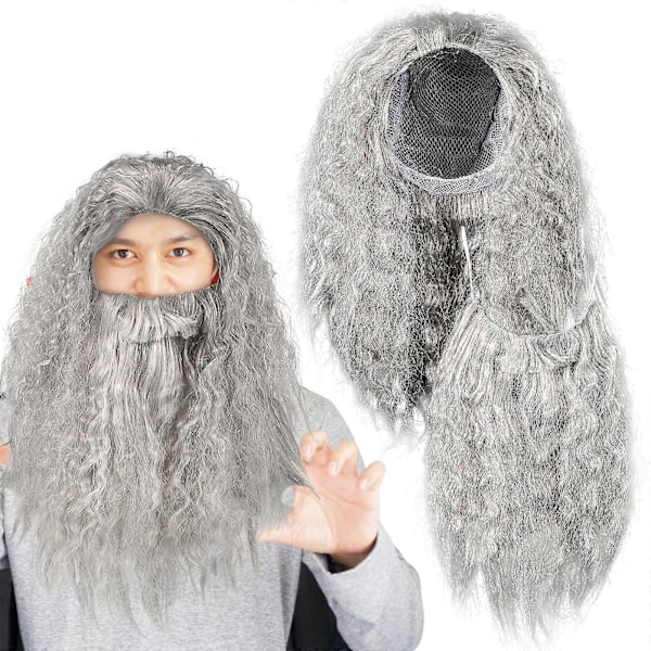 Halloween Cosplay Paryk Skæg Sæt Lang Grå Troldmand Paryk Skæg Kostume Tilbehør til Fest