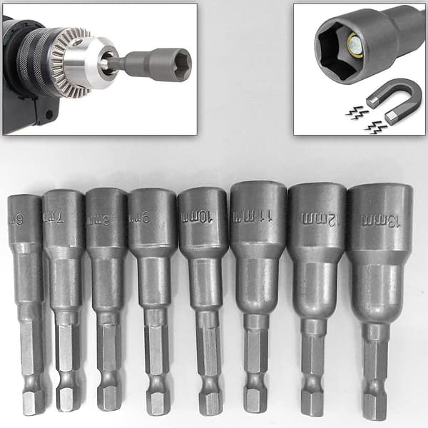 8 stk 1/4 tomme Hex Magnetisk Muttertrekker Sett Metrisk Slagbor Bits 6 til 13mm Adapter