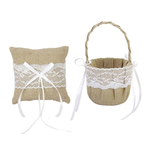 Rustik Hessian Säckväv Spets Blomsterflicka Korg + Kudde Set Bröllopspresent