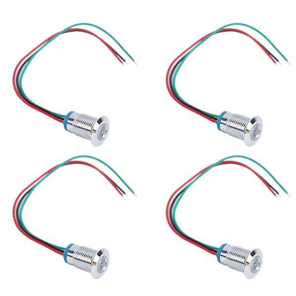 12mm Vandtætte Præ-kablede Runde LED Indikatorlamper - 4 Sæt, Fælles Katode, 2-Farvet (Rød og Grøn), 3-6V
