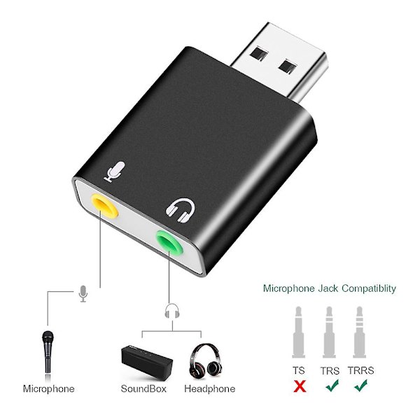 Ulkoinen USB-äänikortti 3,5 mm:n liittimen muunnin kuulokkeille ja mikrofonisovitin