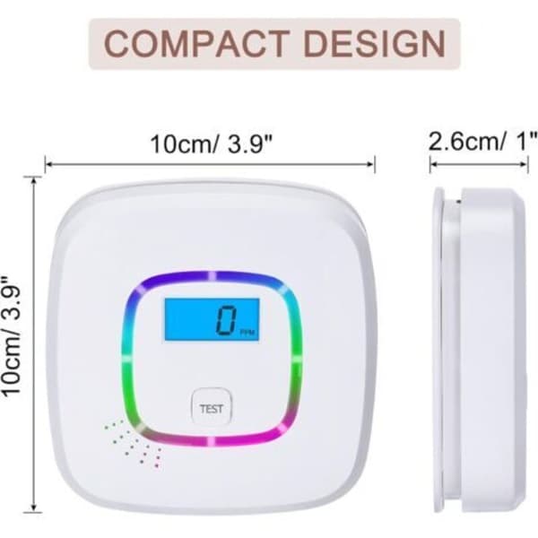 CO-detektor med digitalt display og utskiftbart batteri – Karbonmonoksiddetektor med testknapp og LED-statusindikator