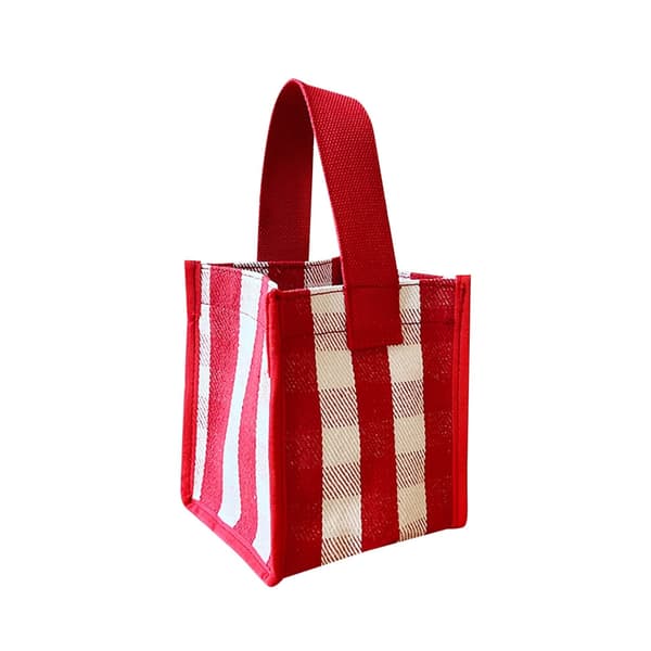 Checked Canvas Lunch Bag, Mini Portable Square Tote Bag (Red)