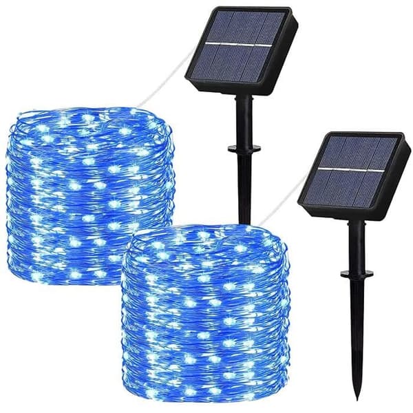 Solcellelyslenker - 8 moduser - Blå 100 LED 12,1 m - IP65 vanntett - 800 mAh batteri