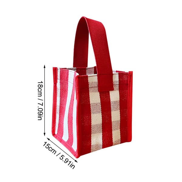 Checked Canvas Lunch Bag, Mini Portable Square Tote Bag (Red)