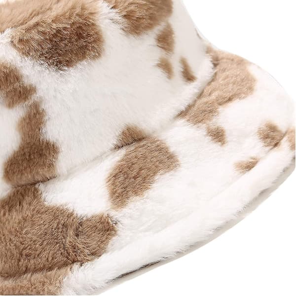 Vinterfårfällhatt i hinkmodell, fluffig varm hatt för kvinnor och män, ko-print khaki