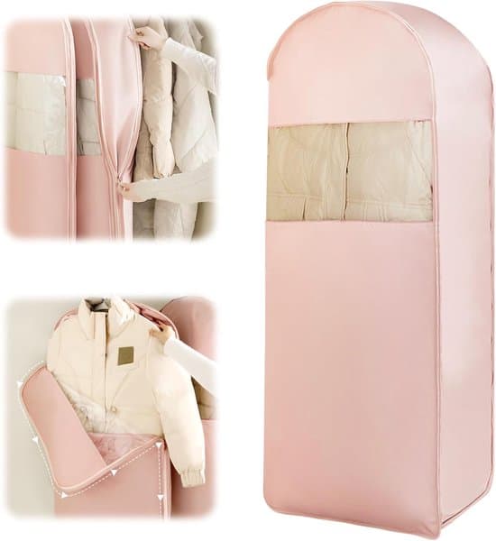 Space-saving hanging garment bag with self-compressing zipper, breathable protective cover for coats suits, 1 piece (pink)