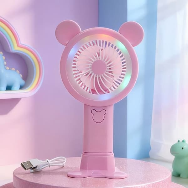 Børne-bordventilator - Tegneseriedesign - USB - Med lys - Bærbar og støjsvag - Pink LED-ventilator
