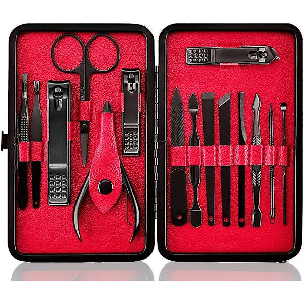 Manikyrset Nagelsats Nagelklippare Kit Professionell - Rostfritt Stål Pedikyrset Nagelvårdssats med 15 delar med fodral för resor (svart/röd)