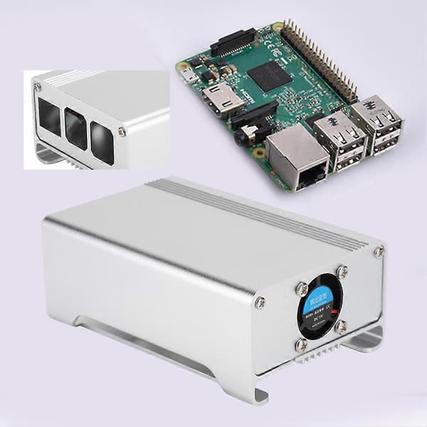 V1 Aluminium Legering Metal Kabinet med DC 5V Køleventilator til Raspberry Pi 3 b 2 b RPB +(Sølv)