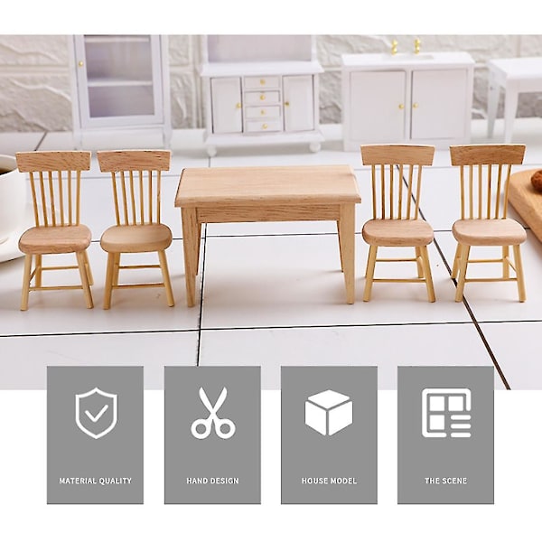 1/12 Trä Möbel Set med Bord & Stolar, Miniatyr Tillbehör för Matrum