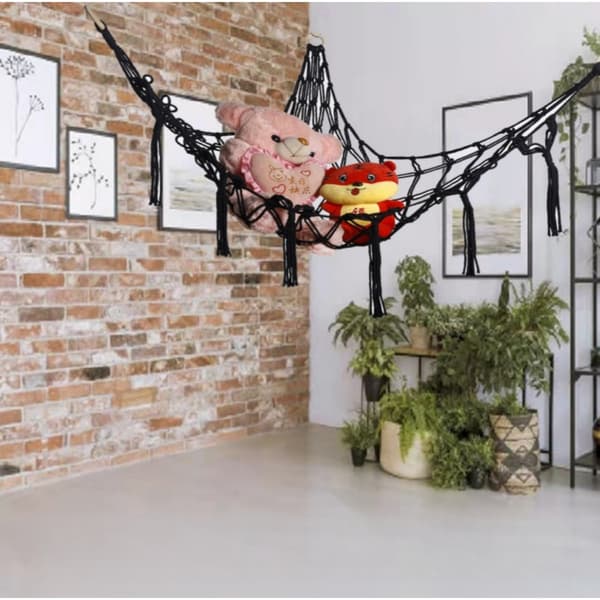 Handwoven Cotton Rope Triangular Toy Hammock - Stuffed Animal Storage Net, Corner Organizer Black