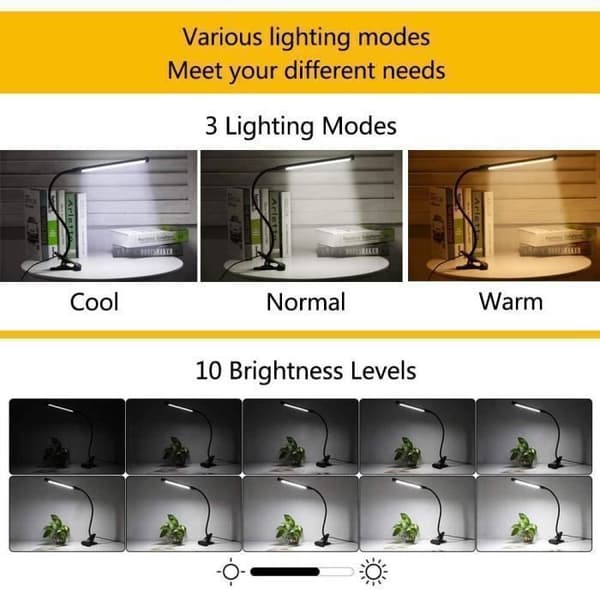 Skrivebordslampe - LED - USB-klemme - 3 lystilstande - Øjenbeskyttelse - 12W - Sort