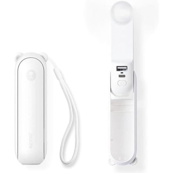 Premium mini bærbar vifte, 2000 mAh, USB oppladbar, med ladefunksjon. Hvit.