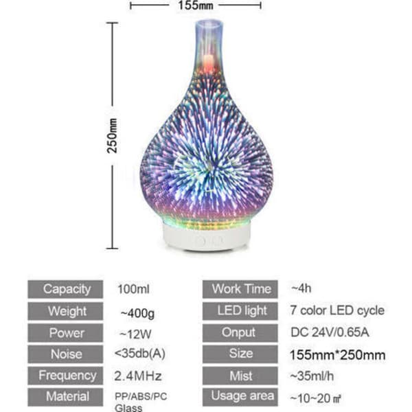 Elektrisk luftdiffuser luftfugter til æteriske olier Ultralyd aroma diffuser 120 ML Automatisk slukning til hjemmekontor spa (3D-glas)