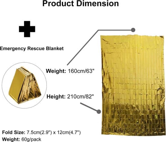 Sæt med 10 nødtæpper - 210 x 160 cm - Guld Sølv - Redningstæppe Termisk Overlevelsestæppe - Beskytter mod kulde, regn, varme og vind