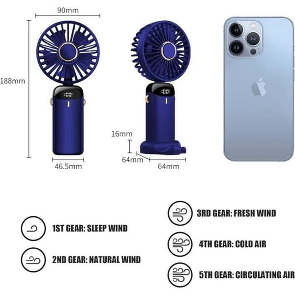 USB genopladelig bærbar ventilator med 5 hastigheder. Mini sammenklappelig bordventilator med LED-display (blå).
