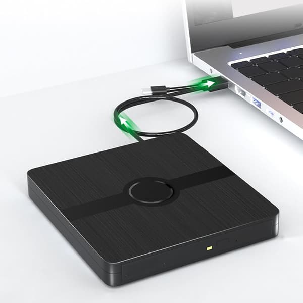 Ekstern DVD-brænder og -læser med USB 3.0 og USB-C-interface; DVD-afspillerenhed egnet til bærbare og stationære computere.