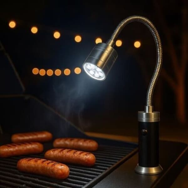 LED grilllampe, 360° vippbart hode, fleksibel hals, 9 hvite LED-er, ideell for campinggrilling.