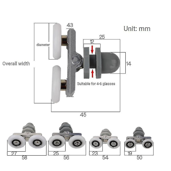 Duschdörrshjul, 8 st Dubbla Tvilling Övre/Nedre Duschdörrsrullar/Löpare/Rullar/Hjul Badrumsersättningsdelar