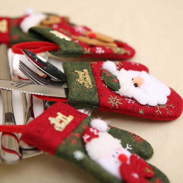 Juldekorationsset om 4 delar - Restaurangbordsdekorationer - Bestickset - Presentpåse - Julhandskar