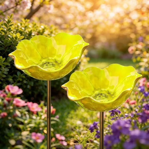Fuglebad - 14*14*65cm - Højkvalitets legeringsmateriale - elegant blomsterform - Havepynt - kæledyrstilbehør - Gul