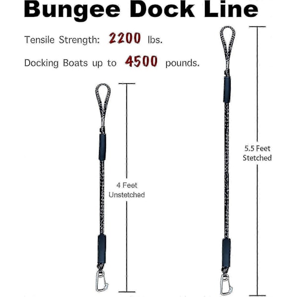Bungee Docklina med Krok, Svart Förtöjningslina för Båt 4 Ft 2-pack & Svart