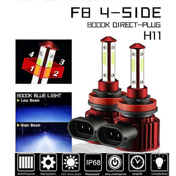 4-sidiga H8 H9 H11 LED-kombinationsljus Hög/Låg strålelampa Superljus Isblå 8000K