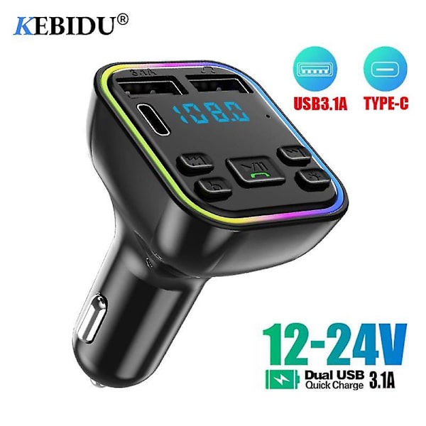Bil Bluetooth 5.0 FM-sändare PD Typ-C Dubbel USB 3.1A Snabbladdare Färgrik Stämningsbelysning Handsfree MP3 Modulatorspelare