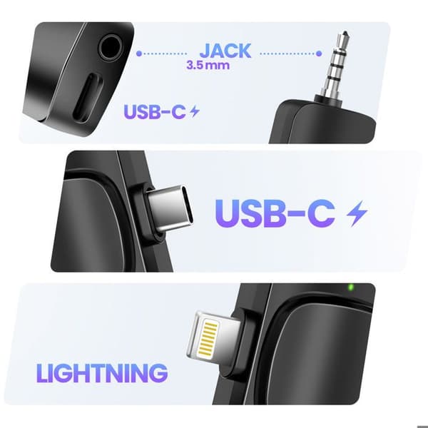 Trådlös Lavalier-mikrofon - 2-pack - USB-C, Lightning, 3.5mm Jack - Vindtät - 6 timmars batteritid