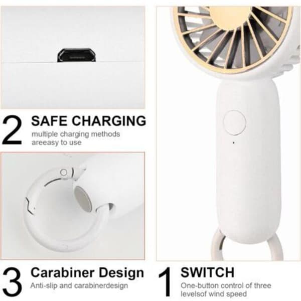 Mini bærbar ventilator. Håndholdt ventilator. Personlig USB-bordventilator. Lommeventilator (hvid)