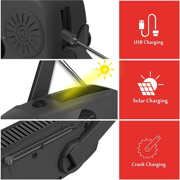 Opptrekkbar Nødradio, Bærbar Håndsveiv Solcelle Radio Med Am/fm Med 2000 Mah Oppladbar Powerbank, Sos Alarm, Led Lommelykt Dynamo Radio,usb Mobil