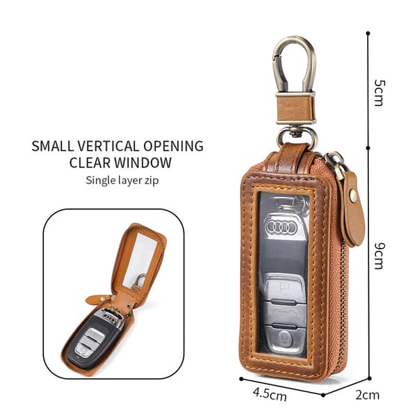 Leather Car Key Cover with Transparent Window, Slim Single-Layer Vertical Design Model 1