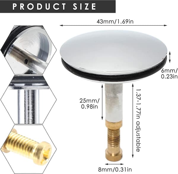 Universal Badekarpropp 43 mm, Forkrommet Messing Avløpspropp, Rustsikker, Høydejusterbar 50-55 mm