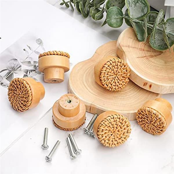 12 stycken 35 mm Boho Dresser Knobs Rattan Knobs med skruvar, Natur
