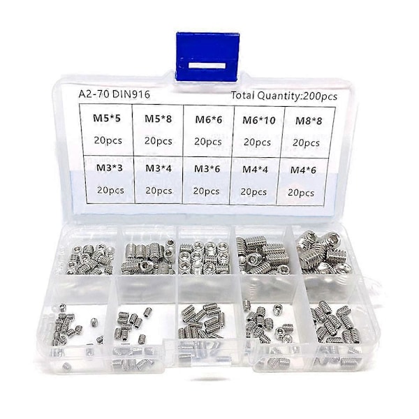 200 stk. Hex Grub Skruer Sæt Stilleskruer 304 Rustfrit Stål M3/M4/M5/M6/M8 Stilleskrue Sortiment Pakket i Organizer Box