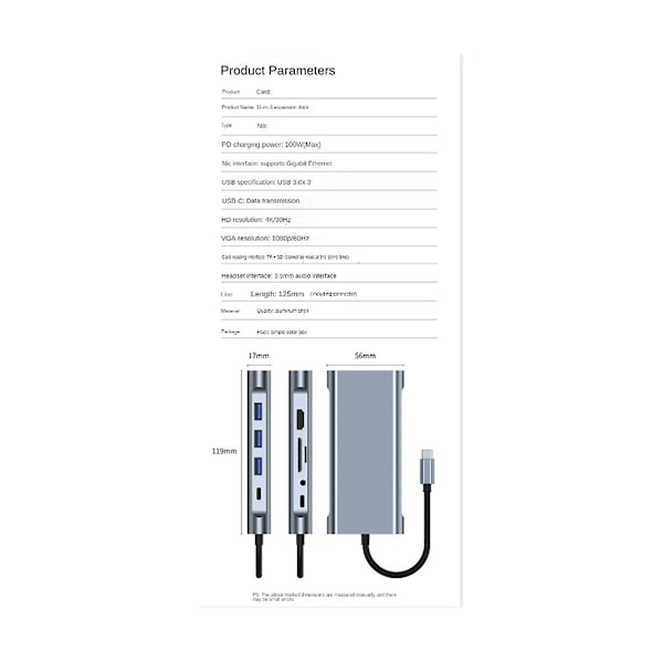 11-i-1 USB-C-dock, USB-hub 3.0, splitter, multiport-adapter, 4K-kompatibel, RJ45, SD/TF, VGA, PD, ljud
