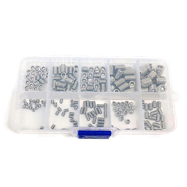 200 stk. Hex Grub Skruer Sæt Stilleskruer 304 Rustfrit Stål M3/M4/M5/M6/M8 Stilleskrue Sortiment Pakket i Organizer Box