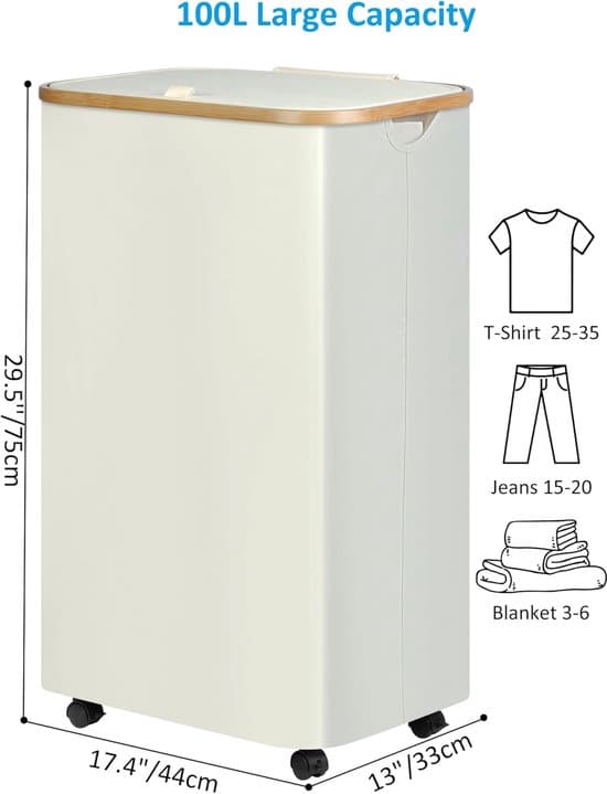 Erittäin suuri pyykkikori pyörillä - 100L - Beige - Bambu - Kannella