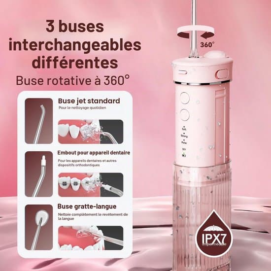 Mini bærbar vanntråd, tannsteinsfjerner, med 4 utskiftbare tilbehør, 4 moduser, 230 ml uttrekkbar vannbeholder, IPX7 vanntett, (rosa)