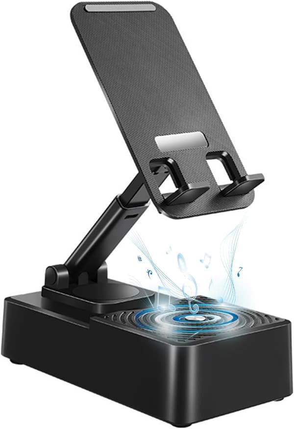 Monitoiminen puhelin- ja tablettiteline Bluetooth-kaiuttimella ja varavirtalähteellä