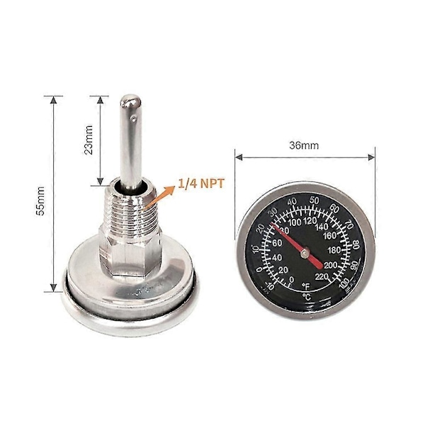 Rostfri Termometer 1/4 NPT Gänga -10-100/0-220F Urtavla Termometer