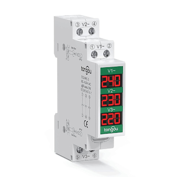 80~500V Tre-faset 35mm DIN-skinnemonteret Voltmeter Modulær Voltmeter Måler 3 LED Digital Display