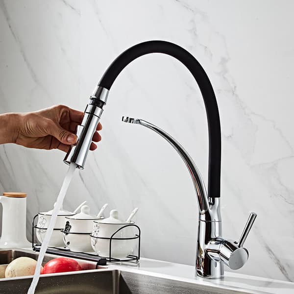 Kitchen Faucet, Flexible Faucet with 360° Rotating Spout and Black Silicone Hose, with Pull-Out Spray Nozzle and Dual-Function Spray Nozzle...