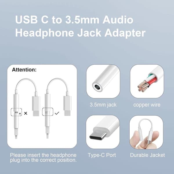 2-pak USB-C til 3,5 mm hovedtelefonstikadapter, MacBook, iPad Pro, Pixel 7/6/5., Samsung S21-24, USB-C til AUX-lydadapterkabel. Egnet