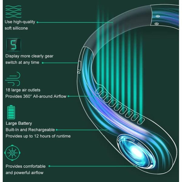 Grøn bladløs halsventilator. 5-trins digitalt display. Kompakt, USB genopladelig håndholdt ventilator.