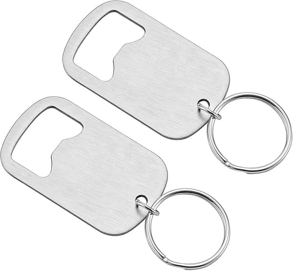 Flaskeåpner i rustfritt stål, flat, for øl, nøkkelring, solid og holdbar, 2 stk. å sende til venner, lett og enkel å bære